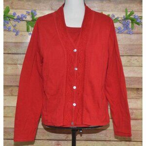 Karen Scott Ladies L Red Twin Set Button Up Cardigan Sweater & Faux Cami Holiday